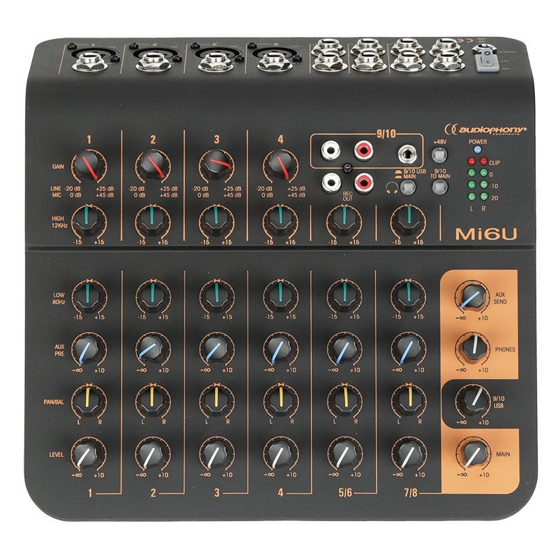 AUDIOPHONY Mi6U  - 6 kanaals mixer: 4 mic+2 Stereo+Aux+USB