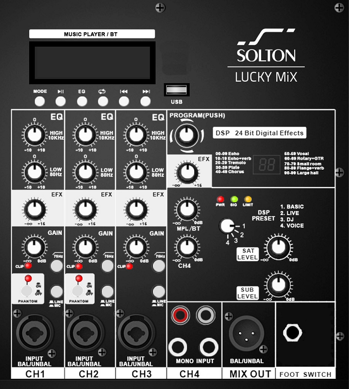 SOLTON Lucky Mix 2.1 Actief systeem met mixer, DSP, FX en BT